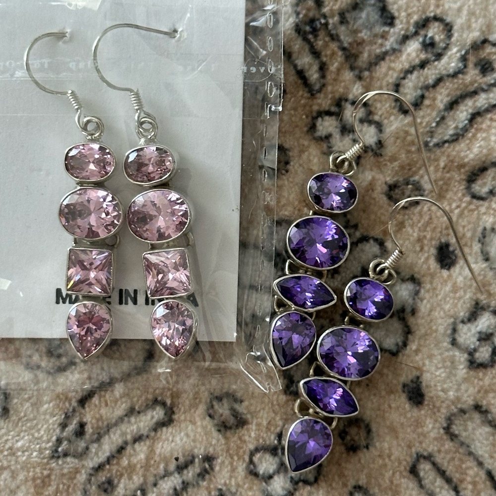 Set (2) Sterling Silver and Amethyst and Pink Crystal Earrings